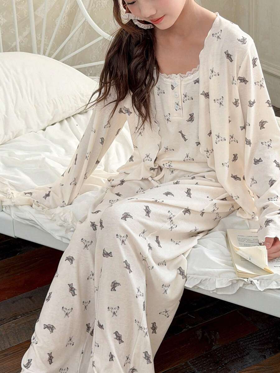 DAZY Tween Girl Cartoon Bear Print Long Sleeve Robe, Camisole And Pants Pajama Set Spring - Apricot - View 1