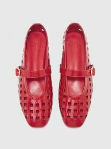 CUCCOO BIZCHIC 女士鞋 法式新款时尚红色镂空方头平底鞋，百搭优雅，舒适透气，轻便简约休闲，高端凉鞋 - 復古紅色 - 查看 2
