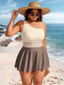Swim Lushoire Plus Size Women 2pcs Set Contrast Color One-Shoulder Ruched Skirt Swimsuit Beach Cover Up For Summer Beach Vacation - Multicolor - View 5