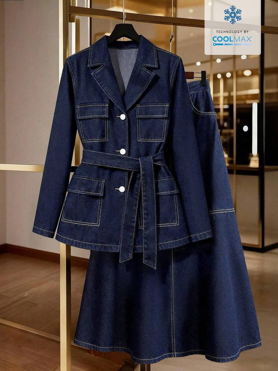 GlowEve Áo khoác denim dài tay màu trơn dáng casual dành cho nữ - Rửa tối - Xem 1