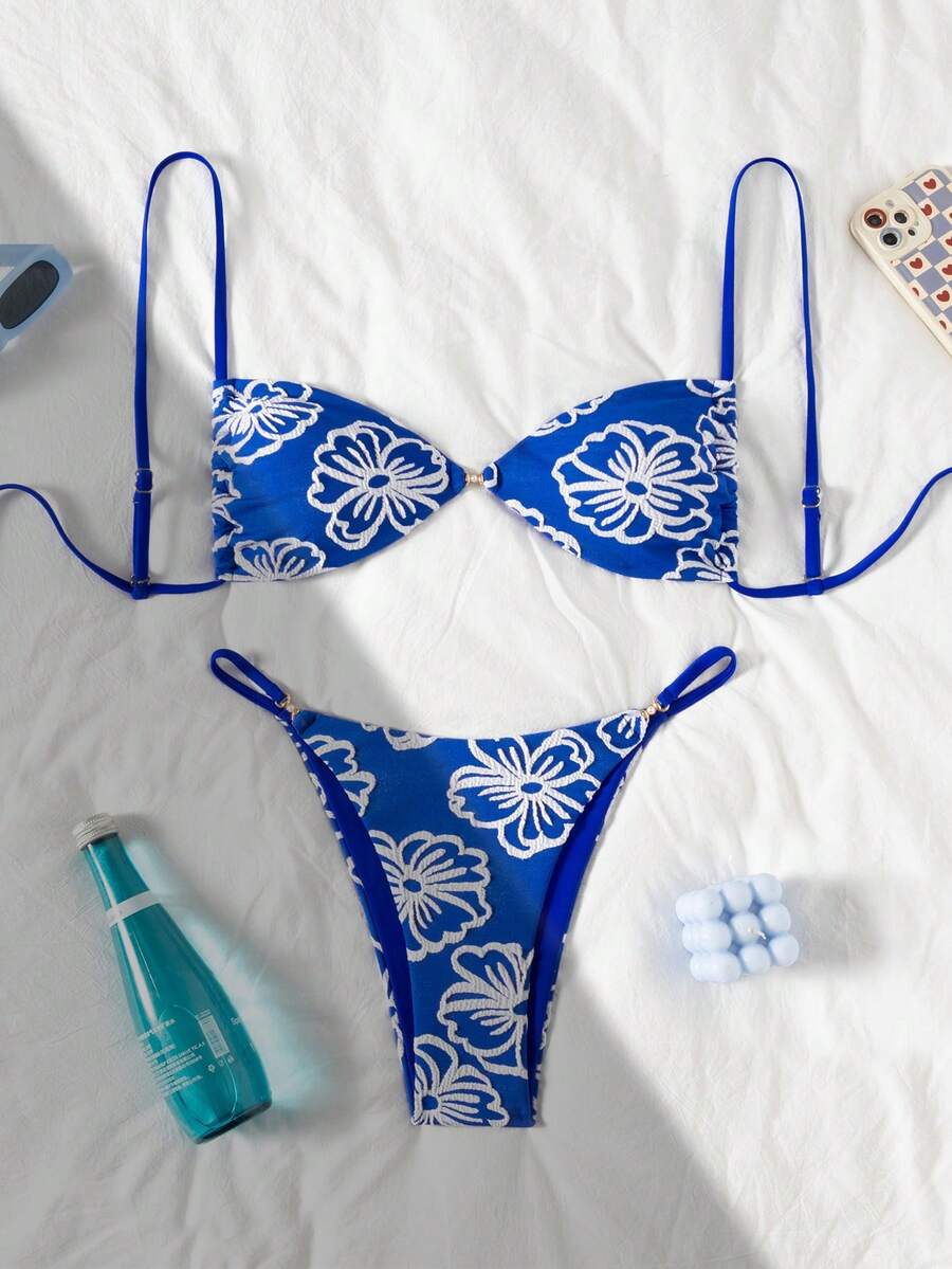 Swim Mod 2件套花卉纹理面料金色仿珍珠装饰抹胸比基尼套装,性感女士夏季度假泳装,蓝色比基尼套装,女士泳衣,图案比基尼,比基尼套装,新款女士泳装,女士比基尼套装,女士泳衣套装,女士泳装,女士泳装 - 藍白色 - 查看 1