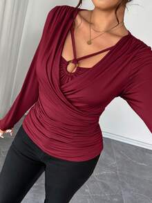Elenzga Áo thun 2 trong 1 thời trang nữ cỡ lớn có thắt lưng và trang trí vòng tròn, phù hợp cho kỳ nghỉ biển, du lịch biển, đi làm, ngày lễ tình nhân, lễ hội âm nhạc, ngày của mẹ, Halloween, Lễ Tạ ơn, Lễ Phục sinh, Ngày Quốc khánh, Năm mới, tiệc hẹn hò, Giáng sinh, mùa cưới, mùa thu/đông. - Màu Đỏ Sâu - Xem 3
