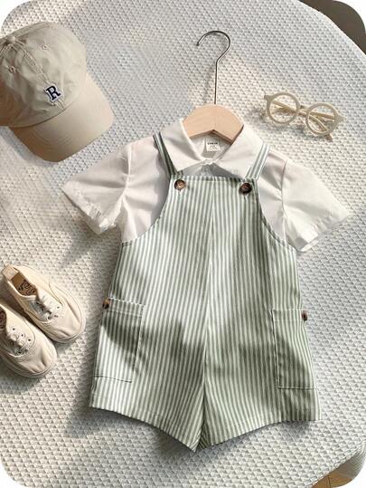 SHEIN Newborn Baby Boy/Girl Cute Striped Pattern Romper, Versatile For Spring/Summer Indoor, Outdoor, Daily, Sports, Play, Party, Photo Shoot, Holiday
