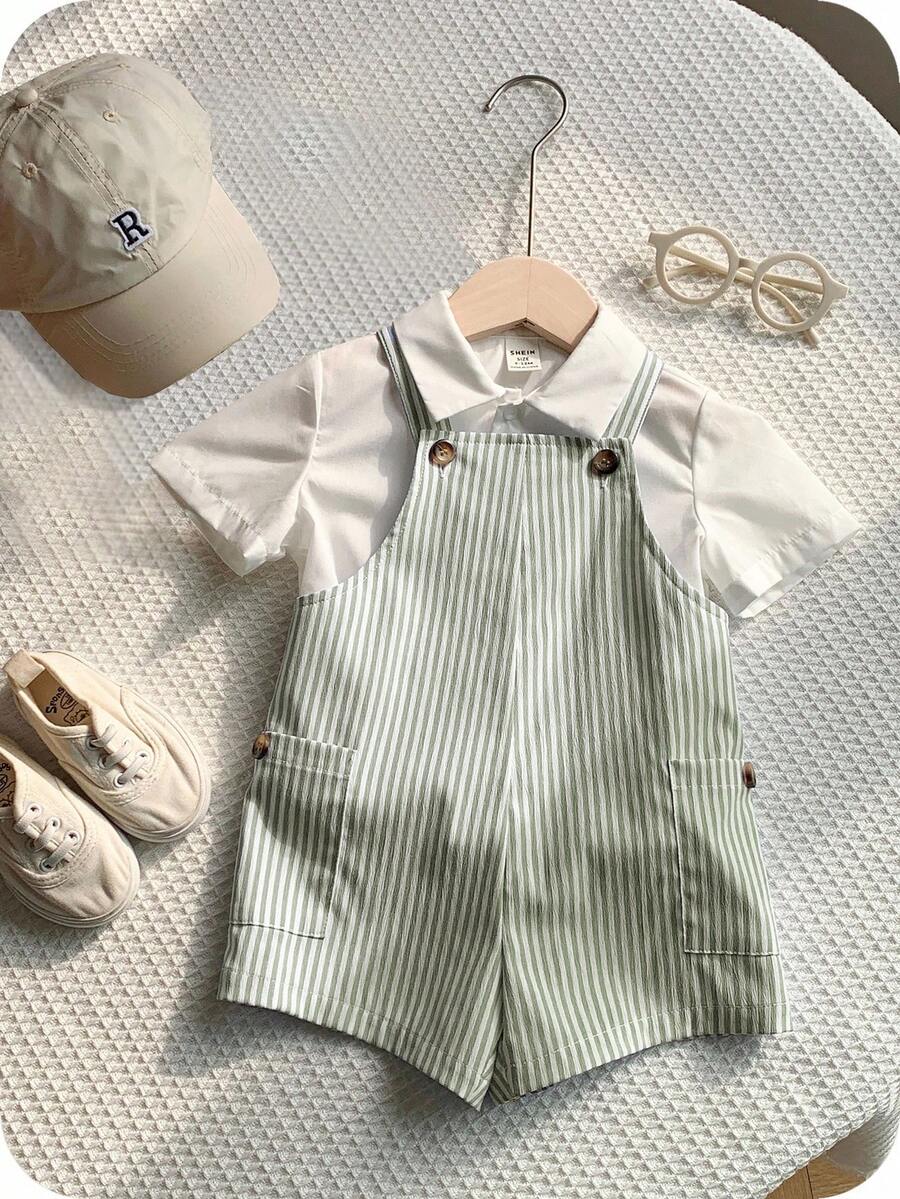 SHEIN 新生儿男女宝宝可爱条纹连体衣,适合春夏室内、室外、日常、运动、玩耍、派对、拍照、度假等各种场合。 - 綠色 - 查看 1
