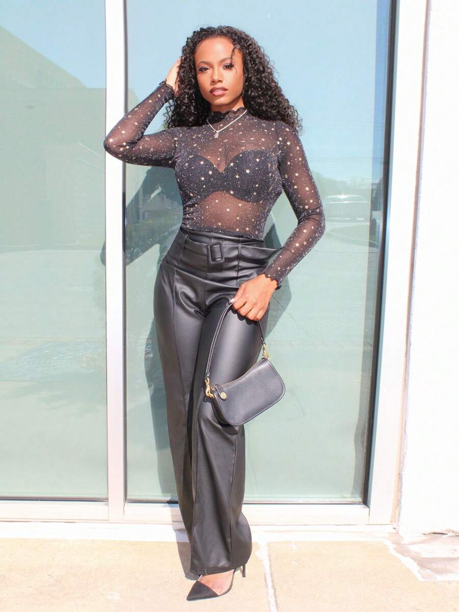 Steph T Lettuce Trim Star Mesh Top, Blingbling Bottoming Tee - Black - View 1