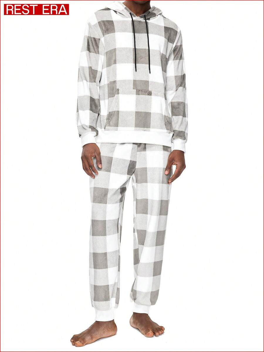 Bộ đồ ngủ nam bằng vải nỉ kẻ caro Giáng sinh 2 món, thích hợp cho mùa Thu/Đông. - Màu Xám nhạt - Xem 1