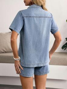 Sunnyshic Women Denim Two-Piece Outfits - Blue - View 2