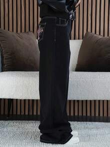 SAYEHFBABY 女式花卉刺绣优雅休闲牛仔裤 - 黑色 - 查看 3