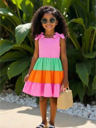 Young Girl's Summer Round Neck Casual Cute Patchwork Contrast Color Bow Tie Dress, Suitable For Festivals, Vacations, Attention-Grabbing, Holiday, Elegant, Back To School, Outings And Other Occasions