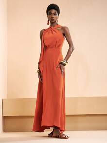 Zivah New Spring/Summer New Arrival, Suitable For Birthday Parties, Graduation Season, Everyday Outings, Versatile Casual Vacations, Cruise Travel, Beach Sunbathing, Online Bestseller, Christmas, Casual And Elegant, Linen-Feel Crinkled Halter Neck Women's Jumpsuit Elegant Dress - Brown - View 4