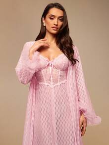 Silquee 2pcs Set: 3D Mesh Long Sleeve Asymmetrical Diamond Jacquard Robe + Fish Bone Line Waist Lace Patchwork Asymmetrical Jacquard Nightgown Valentine's Day Sexy Lace Galentines Adult Date Night  Spandex See Through Romantic Sexy Curve Pink Pure Temptation Spandex Lace Mesh Two-Piece Set Wedding Robe - Baby Pink - View 4