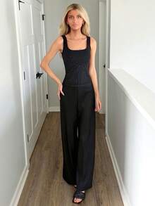 Sydney Algeri New Shiny Fabric Elegant Commuter Everyday Wear Waist Cinched Slim Fit Women Tank Top, Autumn - Black - View 5