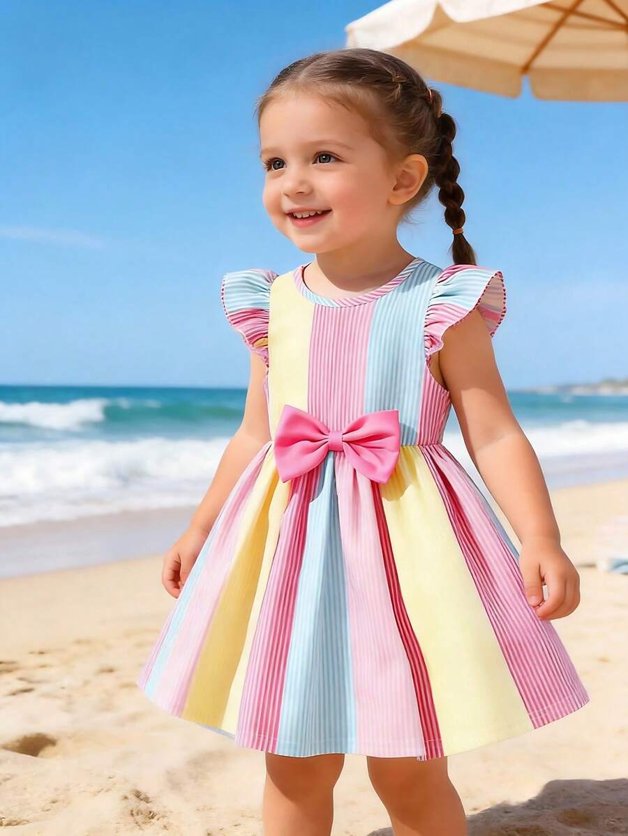 SHEIN Playful Pals [1件]女嬰粉色條紋夏季可愛海灘度假洋裝，彩虹直條紋拼接大蝴蝶結結飾荷葉袖公主派對套裝 - 彩色 - 查看 1