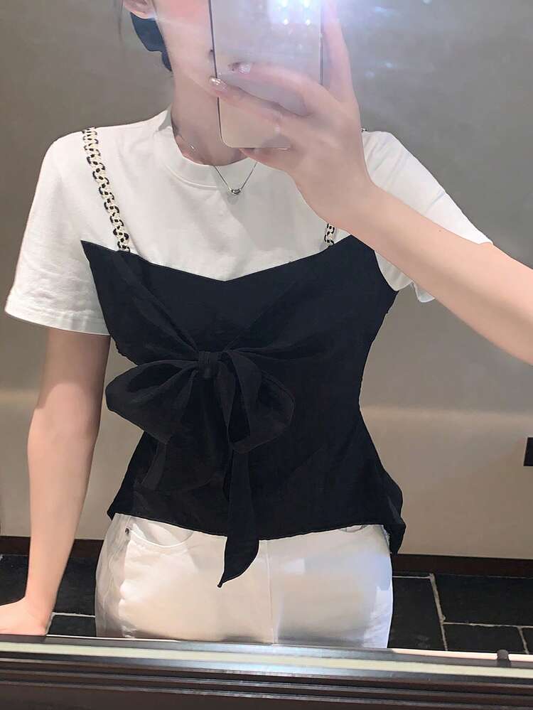 Women's Fashionable Rejuvenating Contrast Color Short Sleeve T-Shirt