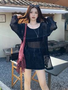 DAZY Women's Korean Style Summer Casual Mesh Knit Vacation Blouse - Black - View 8