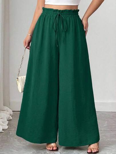 Plus Size Women Casual Drawstring Waist Wide Leg Pants, Solid Color, Suitable For Vacation, Daily Commute, Versatile