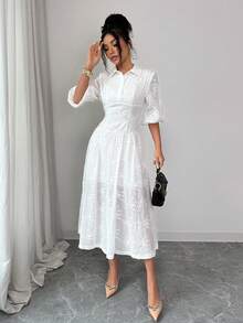 INAWLY Elegant White Midi Dress With Jacquard Embroidery Shirt Collar And Three Quarter Sleeves - White - View 6