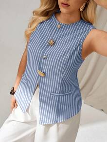 Auralis Blusa de tirantes con botones frontales a rayas, de estilo casual y talla grande para el verano - Azul - Ver 3