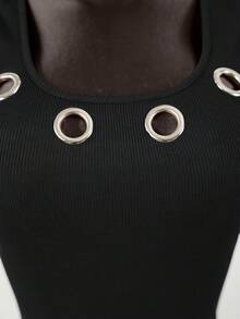 SaltGleam SaltGleam Blusa sin mangas minimalista y personalizada con diseño hueco para mujer - Negro - Ver 3