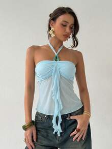 Aloruh Áo nữ không tay cổ yếm màu trơn, chất liệu xuyên thấu với viền bèo nhún, thích hợp cho mùa hè. - Màu xanh lam - Xem 4