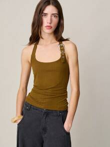 Nöista Olive Green Ribbed Tank Halter Top Features A Square Neckline With An Adjustable Buckle Strap. Boho, Westerm, Easter, Spring, Summer. - Coffee Brown - View 4