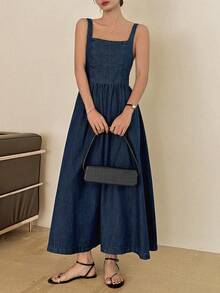 DAZY Women's Square Neck Sleeveless Maxi Denim Dress, Vacation Style - Dark Wash - View 3