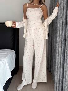 DAZY 3件套甜美碎花全印花开衫、吊带背心和裤子女士睡衣套装 - 白色 - 查看 6