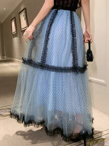 DAZY 女士弹力腰波点植绒网纱长款休闲A字裙 - 藍色 - 查看 7