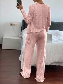 DAZY 2pcs Polka Dot Print Cardigan Long Sleeve & Straight Leg Pants Women Pajama Set, Spring - Pink - View 2