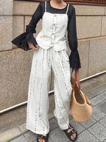 FRIFUL Women's Striped Single-Breasted Camisole Top And Pants Casual 2 Pieces Set - Apricot - View 2