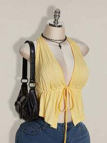 SHEIN ICON 加大码黑色露背系带蝴蝶结针织上衣，前系带蝴蝶结吊带上衣，Y2K 基本款露背上衣 - 淡黃色 - 查看 2