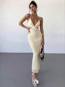 Firerie 女士白色提花串珠系带露背修身开衩连衣裙，性感度假连衣裙，春夏服装，沙滩装，通勤装，优雅，性感，度假，海滩，波西米亚风，夏威夷，音乐节，浪漫，约会装 - 米色 - 查看 9