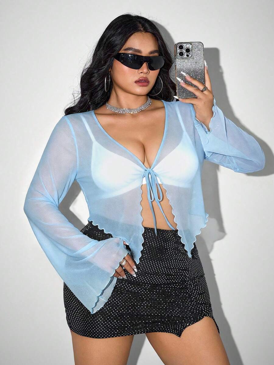 SHEIN ICON ICON 大码女式系带蝴蝶结针织上衣，适合万圣节和派对的薄纱衬衫 - 淺藍色 - 查看 1