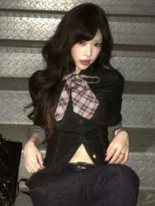 DAZY 束腰弹力牛仔衬衫，女士修身显瘦长袖休闲牛仔上衣，春季款 - 深色水洗藍 - 查看 2