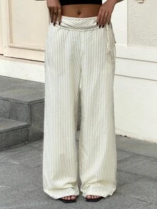 Muchica Women's Casual Vacation & Commute Striped Print Tie-Front Loose Wide Leg Pants,Vacation Outfits Women, Beach Outfits For Woman, Rave Outfits, Hawaii Outfits Women Island Vacation Outfits - Apricot - View 5