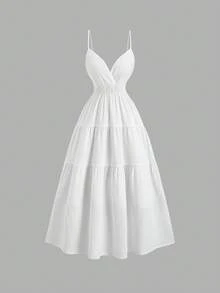 Sweetra Bohemian Differentiated Vacation Series Spaghetti Strap Sexy Deep V-Neck Design Waist Flared Skirt Design Sense Spring/Summer Minimalist New Design Minimalist Sexy Lady Dress - White - View 1