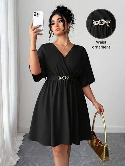 Elenzga Damska swobodna minimalistyczna sukienka wieczorowa z dekoltem w serek, ściągana w talii, krótka, czerwona, elegancka, letnia