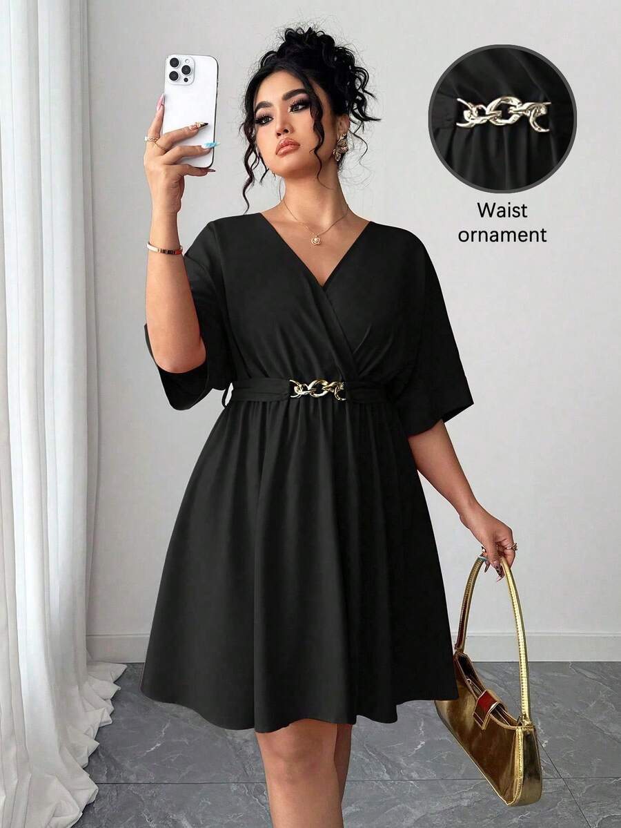 Elenzga 女士休闲简约 V 领收腰短款红色优雅晚礼服，夏季 - 黑色 - 查看 1