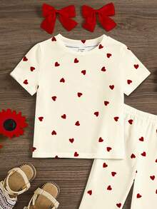 SHEIN Màu trắng kem và đỏ tía, họa tiết trái tim nhỏ dễ thương kiểu retro, thích hợp cho ngày Valentine, bộ đồ 2 mảnh dành cho bé gái, gồm áo thun cổ tròn tay ngắn và quần ống loe, phong cách tối giản thường ngày, phù hợp cho mùa hè, phong cách thể thao thường ngày ở trường, dã ngoại ngoài trời, chụp ảnh đường phố, ở nhà. - Nhiều màu - Xem 4