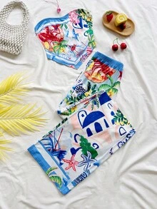 Soleia 2pcs Women Palm Tree Print Tube Top And Pants Set, Vacation Tropical Two Piece Set Beach Set For Women Tropical Vacation Woman Clothes Summer Pants Sets - Multicolor - View 4