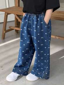 Dazy Kids Young Girl Bow & Heart Pattern Elastic Waist Pocket Wide Leg Casual Jeans - Blue - View 4