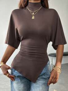 Chiquease Áo kiểu nữ màu nâu thanh lịch, cổ cao, tay cánh dơi, dáng ngắn, xẻ tà không đối xứng, thích hợp mặc hàng ngày/đi nghỉ mát/hẹn hò/công sở. - màu nâu - Xem 4