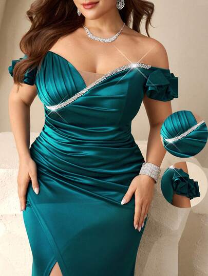 Coutiva Plus Size Formal Evening Gown (Heavily Embellished) Emerald Green Formal Dress Off Shoulder Formal Dress Green Satin Dress Teal Formal Dress Sexy Elegant Dress Valentines Dress Elegant Dress Sequin Dress Floral Dress