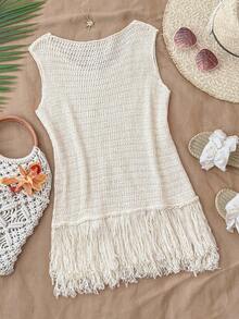 Travachic Áo len không tay cổ tròn, kiểu dáng tối giản, thời trang với tua rua - Màu be - Xem 2