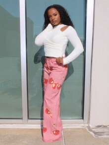 Steph T 女士休闲水洗樱桃印花牛仔裤 - 粉色 - 查看 5