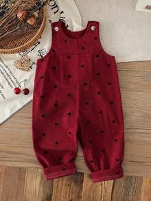 SHEIN Vintaside Kids Baby Girls/Unisex Infant Toddler 0-3Y Spring/Autumn Heart Print Corduroy Overalls Set, Casual Style With Chest Pocket Decoration, Suitable For Outdoor Play And Leisure Baby Girl Overalls Outfits - Burgundy - View 1