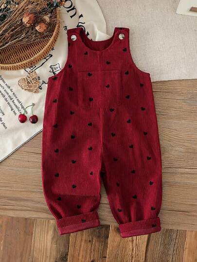 SHEIN Vintaside Kids Baby Girls/Unisex Infant Toddler 0-3Y Spring/Autumn Heart Print Corduroy Overalls Set, Casual Style With Chest Pocket Decoration, Suitable For Outdoor Play And Leisure Baby Girl Overalls Outfits