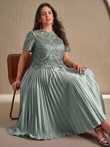 SHEIN Clasi Đầm thanh lịch cổ tròn tay ngắn xếp ly họa tiết hoa jacquard dành cho nữ cỡ lớn - Màu xanh Bạc hà - Xem 13