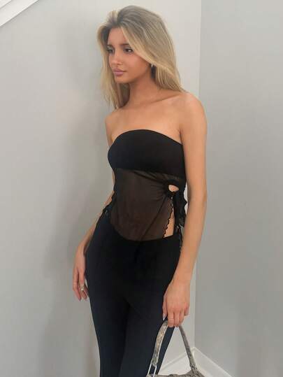 Sydney Algeri Lettuce Trim Drawstring Side Asymmetrical Hem Mesh Tube Asymmetrical Top