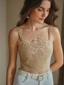 Anewsta 女士优雅百搭通勤镂空刺绣撞色面料短款吊带背心，卡其色 - 卡其色 - 查看 5